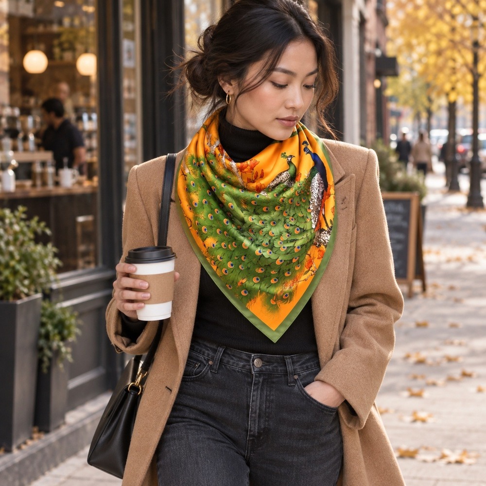 100% Silk Peacock Floral Satin Square Scarf Orange Green Gold 35x35 Bird Print